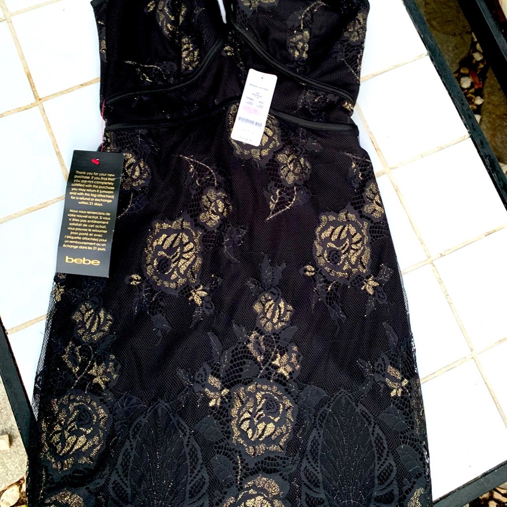 bebe black and gold grayson laced mini dress